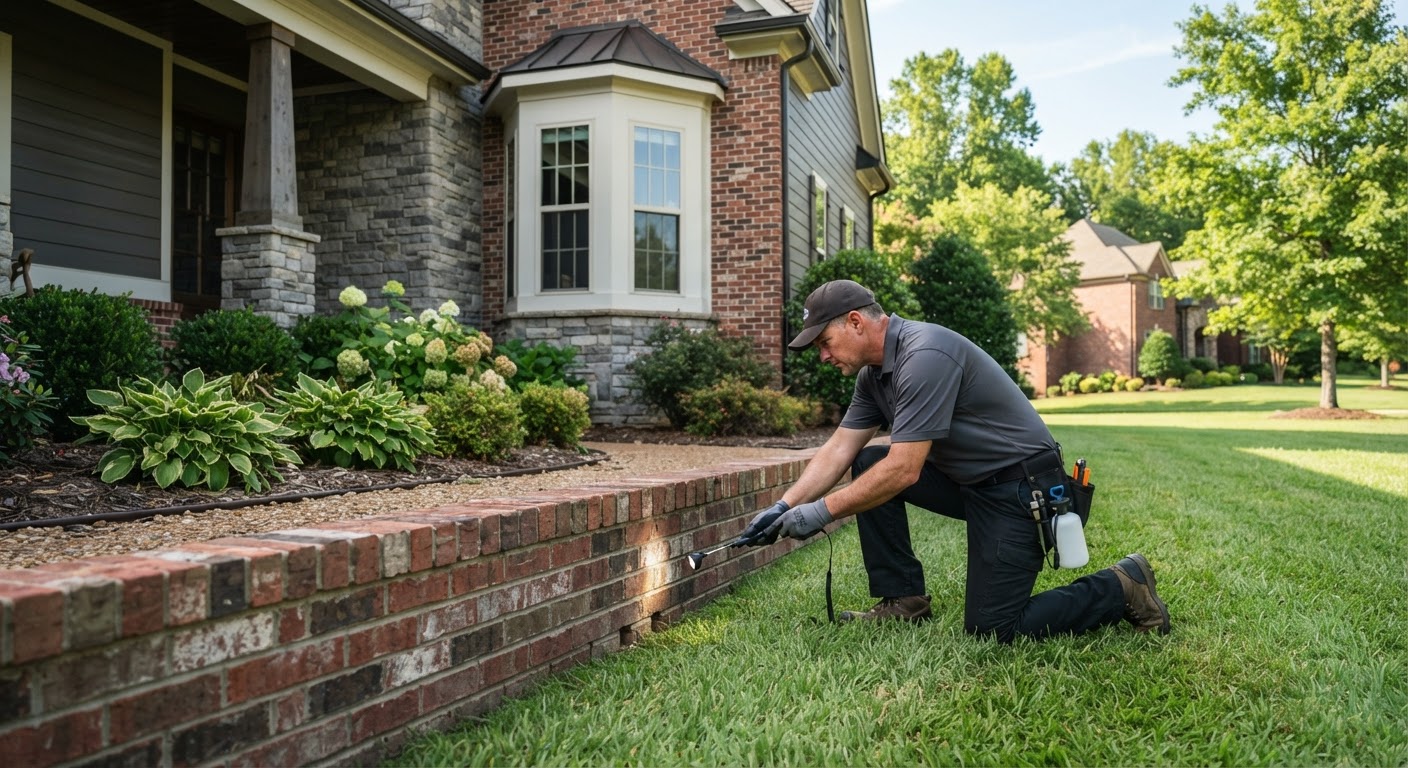 Pest control technician inspecting the foundation of a Hendersonville brick house