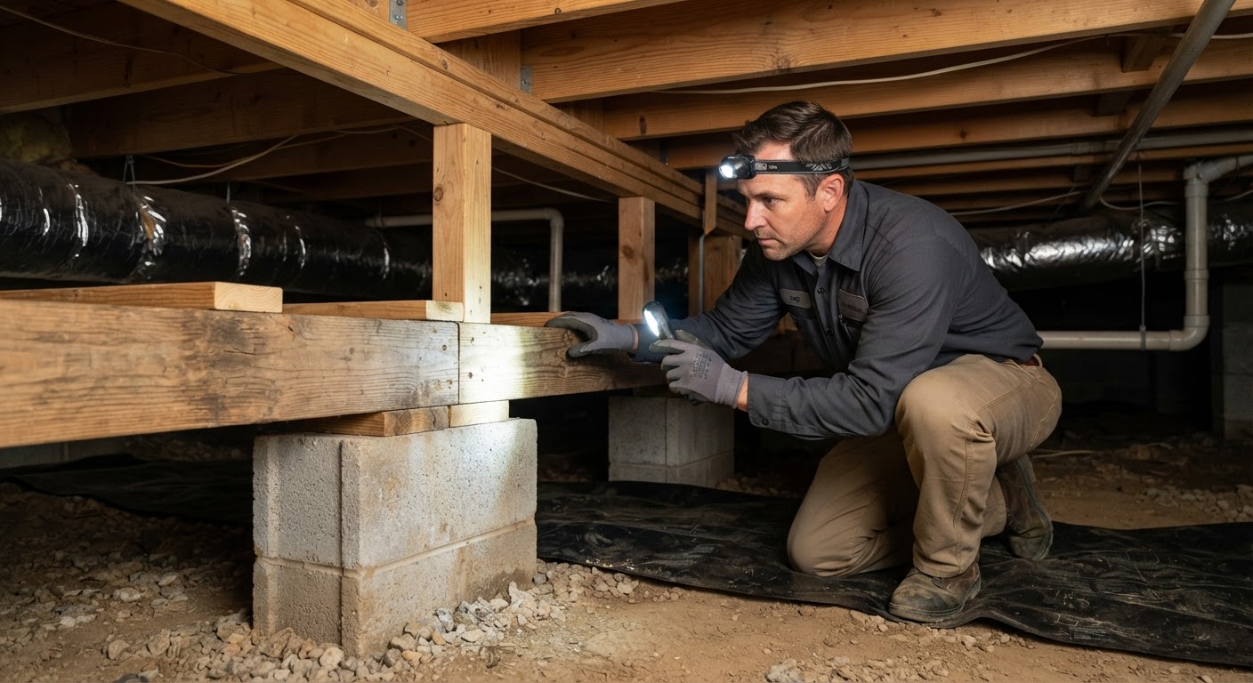 Inspector examining crawlspace foundation beams for termite signs