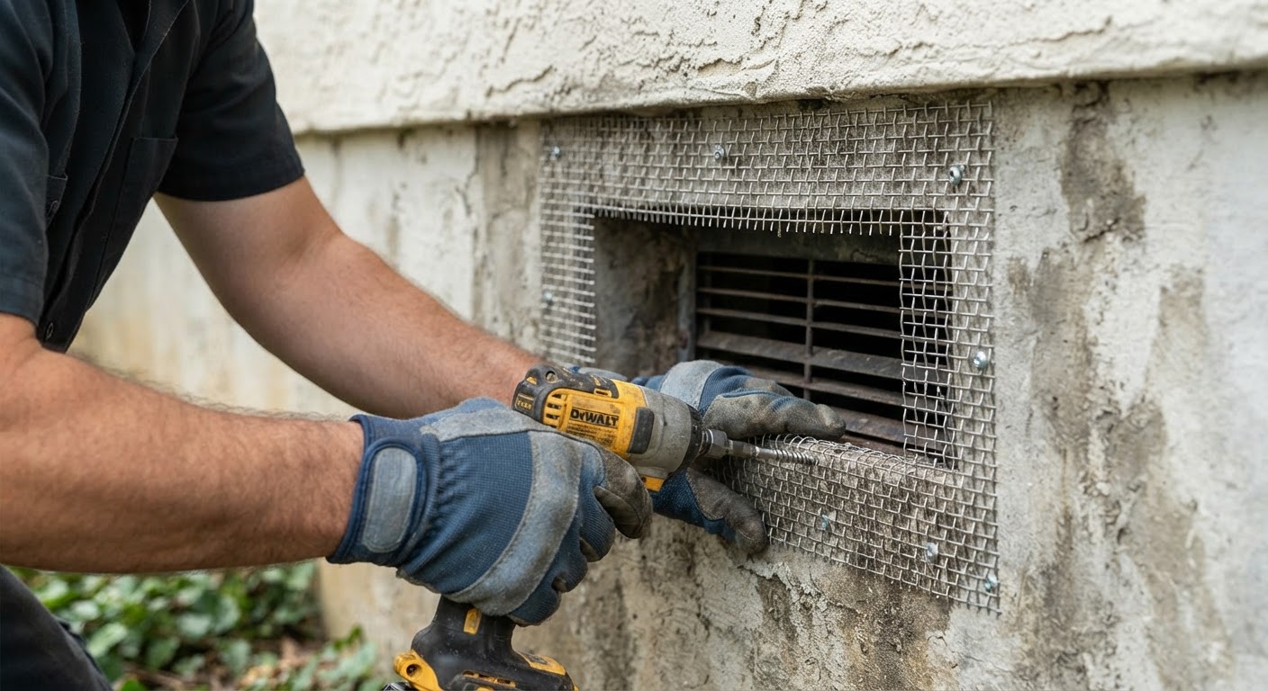 Technician securing exterior rodent exclusion mesh at base of home