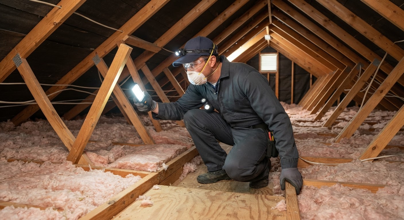 Technician checking attic rafters for nesting signs and insulation gaps