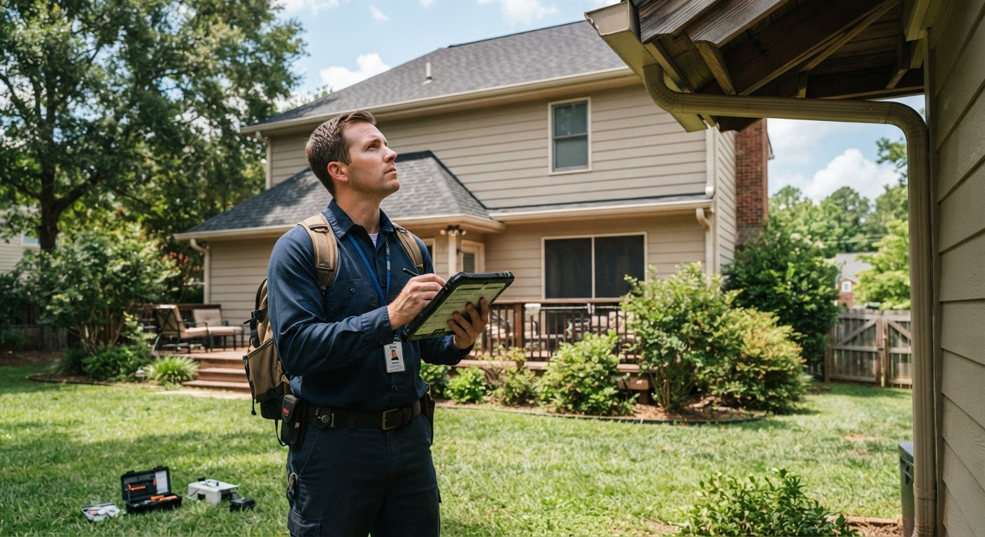 Technician documenting property inspection notes on a digital tablet
