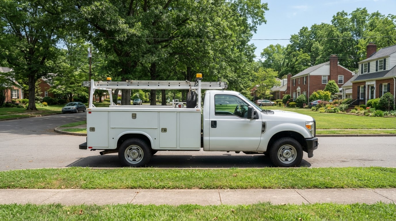 Clean white service truck parked outside a residential neighborhood
